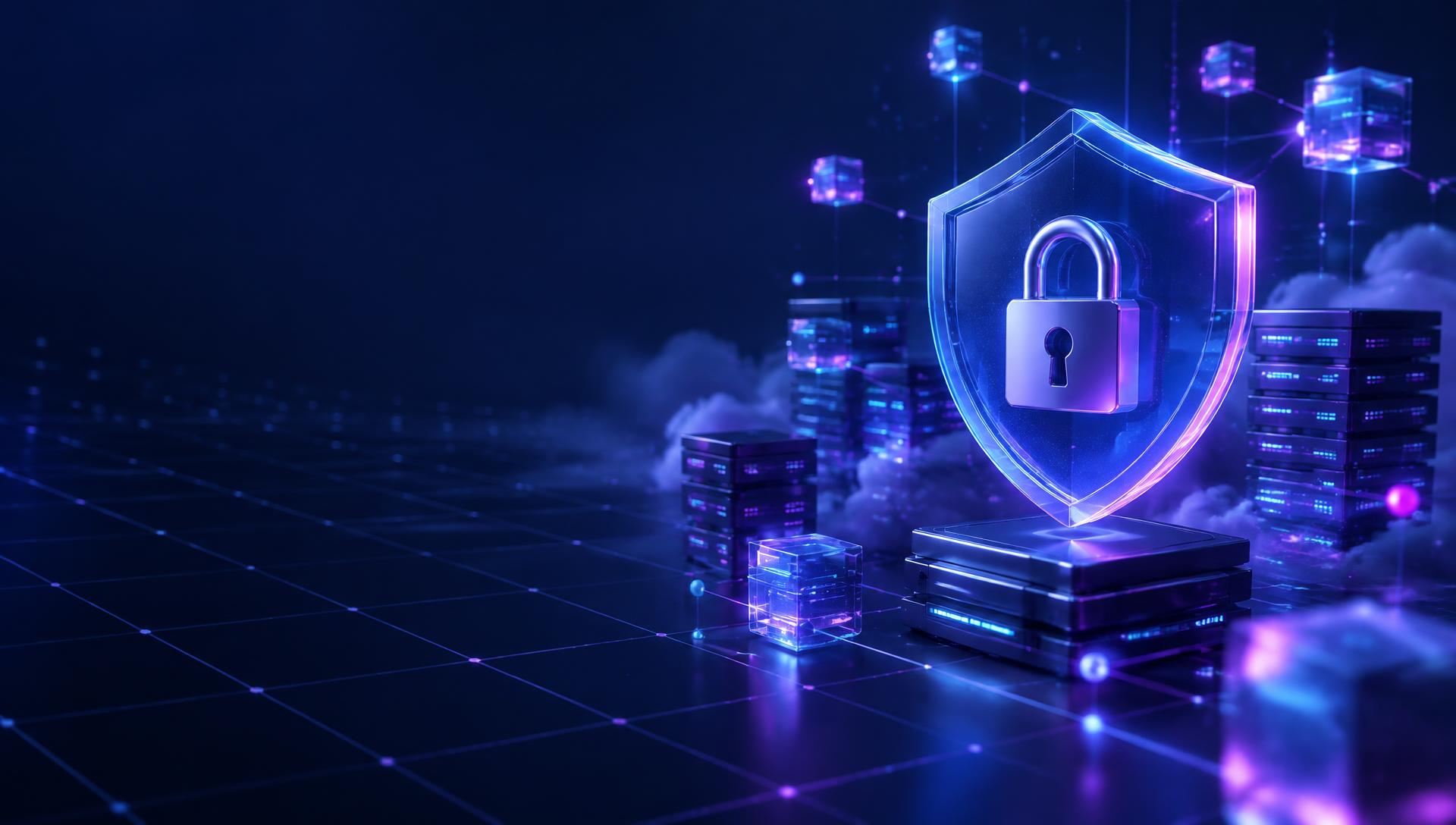 Illustration 3D : bouclier de protection des données et serveurs connectés